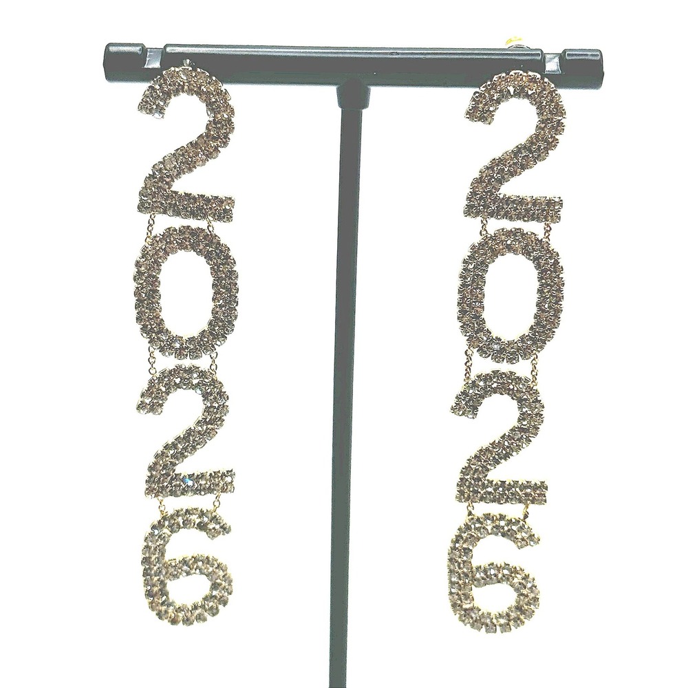 2026 Rhinestone Statement Earrings Gold Tone Long Dangle New Years Eve Party